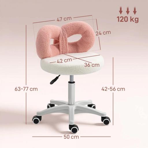 Taburete con Ruedas Respaldo Altura Regulable 63-77 cm Tapizado en Tejido de Borreguito Blanco y Rosa [1]