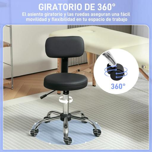 Taburete Giratorio con Respaldo y Ruedas Silla Ajustable para Salones de Belleza Estudio de Tatuajes 46x51x78-93 cm [6]