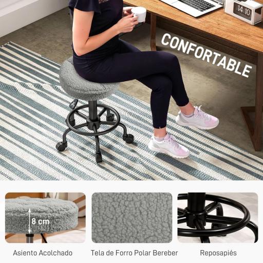 Taburete Giratorio Redondo Taburete con Ruedas Altura Regulable 50-66 cm Asiento Tapizado en Tejido de Borreguito Gris [3]