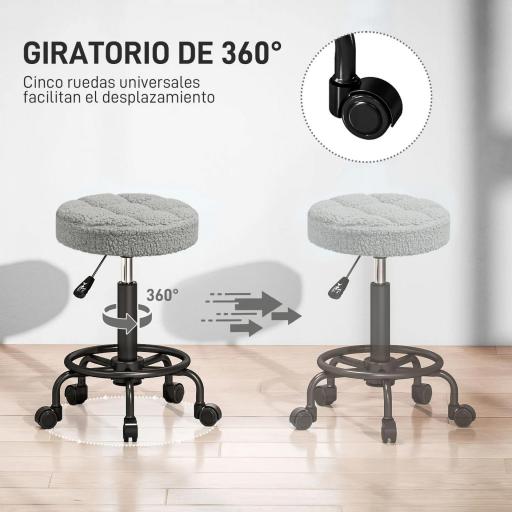 Taburete Giratorio Redondo Taburete con Ruedas Altura Regulable 50-66 cm Asiento Tapizado en Tejido de Borreguito Gris [7]