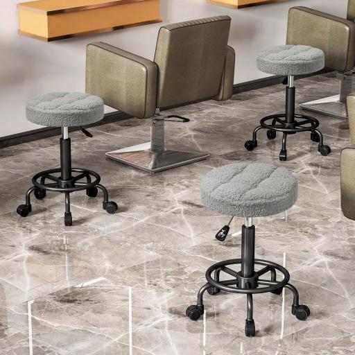 Taburete Giratorio Redondo Taburete con Ruedas Altura Regulable 50-66 cm Asiento Tapizado en Tejido de Borreguito Gris [4]