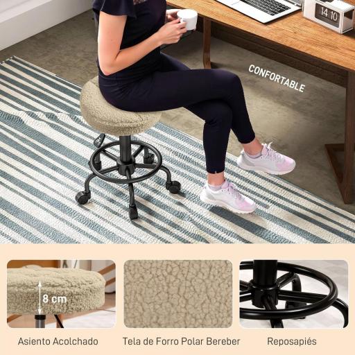 Taburete Giratorio Redondo Taburete con Ruedas Altura Regulable 50-66 cm Asiento Tapizado en Tejido de Borreguito Marrón [7]