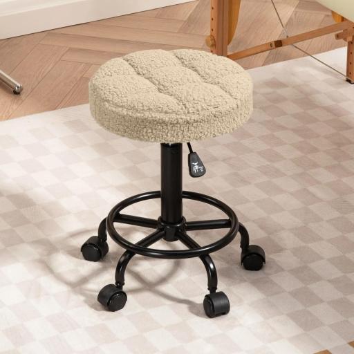Taburete Giratorio Redondo Taburete con Ruedas Altura Regulable 50-66 cm Asiento Tapizado en Tejido de Borreguito Marrón [5]