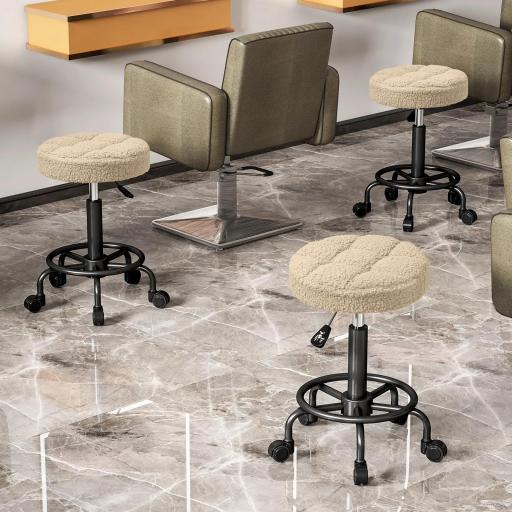 Taburete Giratorio Redondo Taburete con Ruedas Altura Regulable 50-66 cm Asiento Tapizado en Tejido de Borreguito Marrón [2]