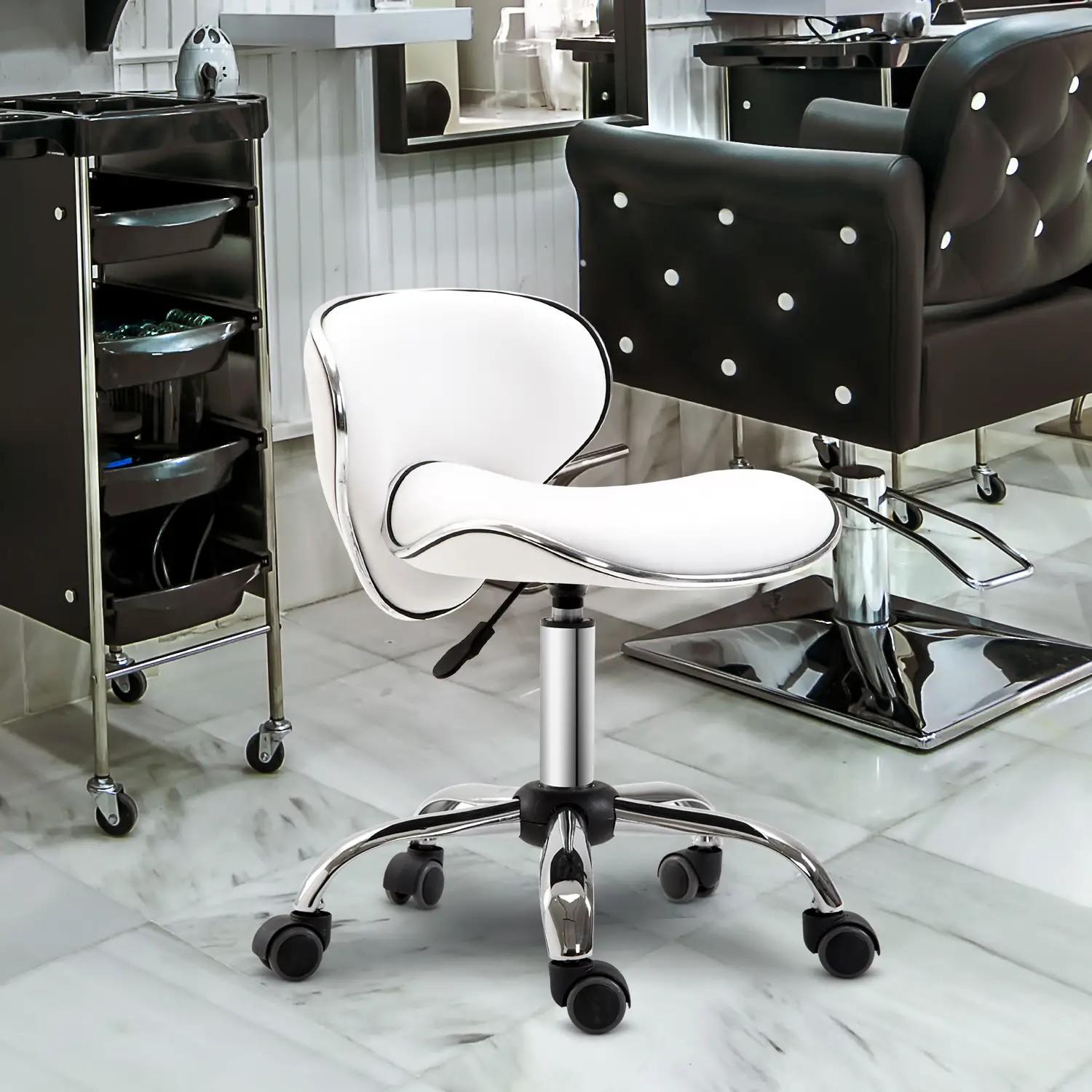 Taburete con ruedas taburete de trabajo con altura ajustable 44-56 cm y respaldo, giratorio 360°, Blanco