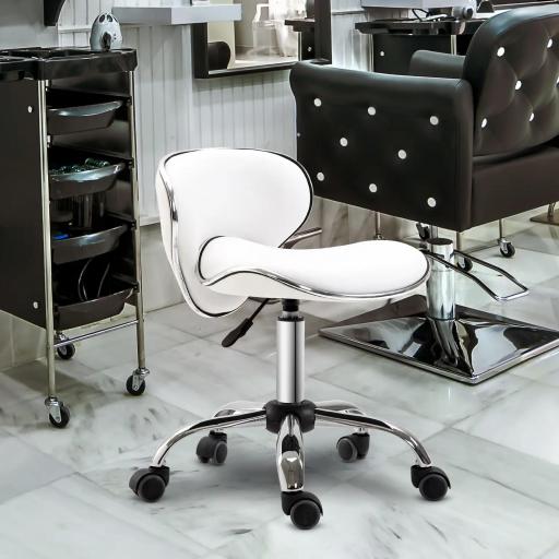 Taburete con ruedas taburete de trabajo con altura ajustable 44-56 cm y respaldo, giratorio 360°, Blanco
