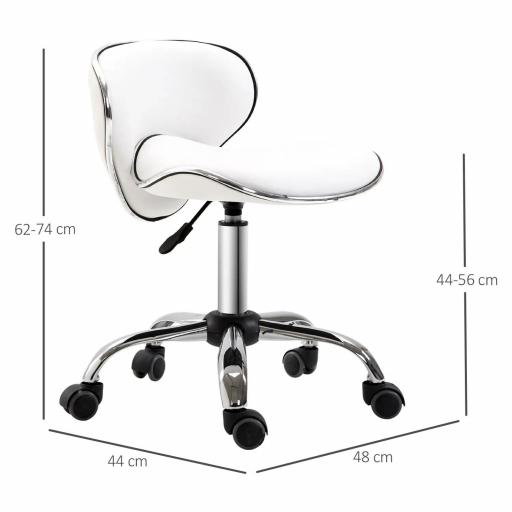 Taburete con ruedas taburete de trabajo con altura ajustable 44-56 cm y respaldo, giratorio 360°, Blanco [1]