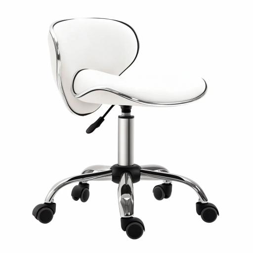 Taburete con ruedas taburete de trabajo con altura ajustable 44-56 cm y respaldo, giratorio 360°, Blanco [4]