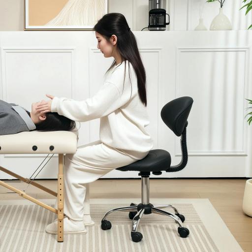 Taburete Giratorio con Respaldo y Ruedas Silla Ajustable para Salones de Belleza Estudio de Tatuajes 50x50x83-98cm Negro