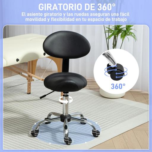 Taburete Giratorio con Respaldo y Ruedas Silla Ajustable para Salones de Belleza Estudio de Tatuajes 50x50x83-98cm Negro [5]