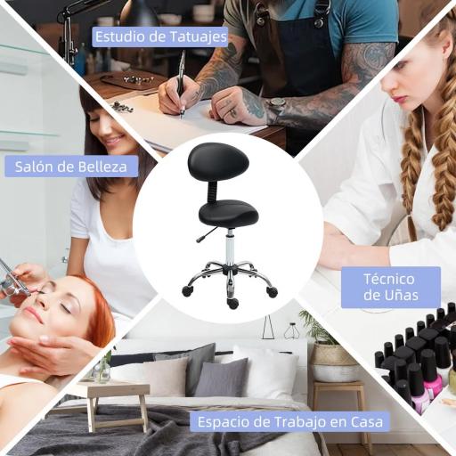 Taburete Giratorio con Respaldo y Ruedas Silla Ajustable para Salones de Belleza Estudio de Tatuajes 50x50x83-98cm Negro [4]