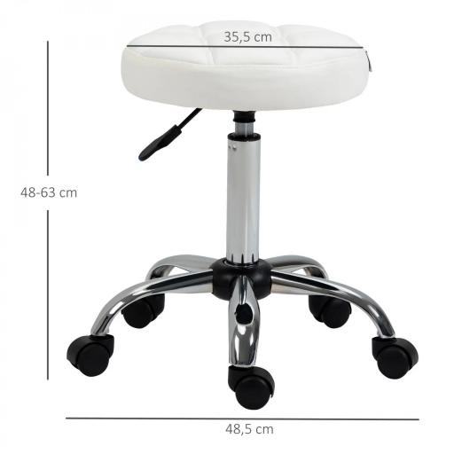 Taburete Giratorio con Ruedas Regulable en Altura de 48-63 cm Taburete de Trabajo Tapizado en Cuero PU para Peluquería Cosmética Dentista Diámetro Ø35,5 cm Blanco [1]