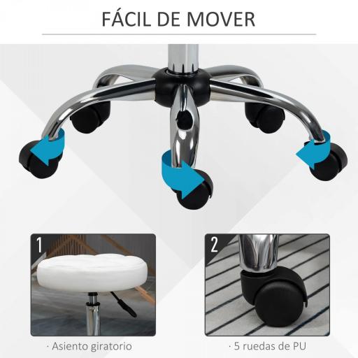 Taburete Giratorio con Ruedas Regulable en Altura de 48-63 cm Taburete de Trabajo Tapizado en Cuero PU para Peluquería Cosmética Dentista Diámetro Ø35,5 cm Blanco [3]