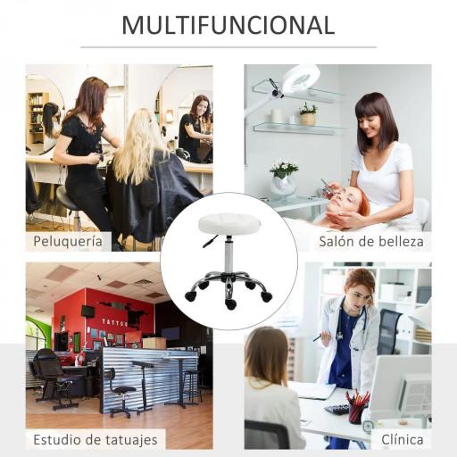 Taburete Giratorio con Ruedas Regulable en Altura de 48-63 cm Taburete de Trabajo Tapizado en Cuero PU para Peluquería Cosmética Dentista Diámetro Ø35,5 cm Blanco [8]