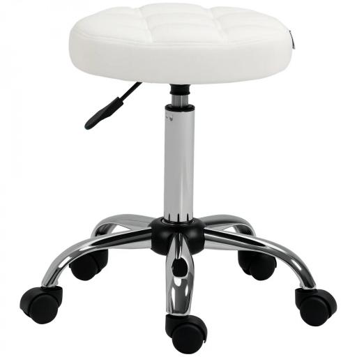 Taburete Giratorio con Ruedas Regulable en Altura de 48-63 cm Taburete de Trabajo Tapizado en Cuero PU para Peluquería Cosmética Dentista Diámetro Ø35,5 cm Blanco [7]