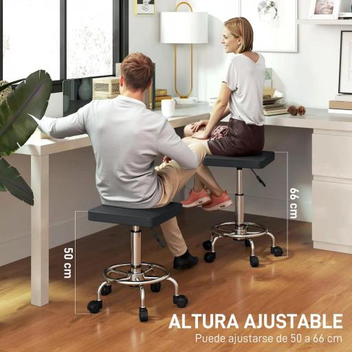 Taburete Giratorio Ajustable Con Asiento Acolchado Reposapiés y Ruedas para Salones y Talleres 34x34x50-66 cm Negro [4]