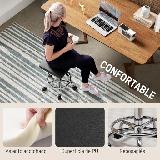 Taburete Giratorio Ajustable Con Asiento Acolchado Reposapiés y Ruedas para Salones y Talleres 34x34x50-66 cm Negro [5]