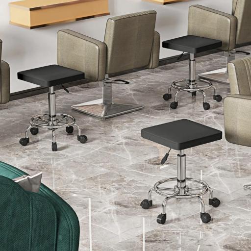 Taburete Giratorio Ajustable Con Asiento Acolchado Reposapiés y Ruedas para Salones y Talleres 34x34x50-66 cm Negro [2]