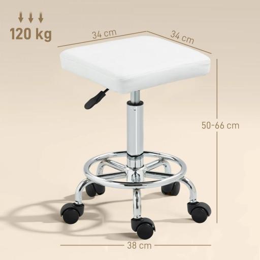 Taburete Giratorio Ajustable Con Asiento Acolchado Reposapiés y Ruedas para Salones y Talleres 34x34x50-66 cm Blanco [2]