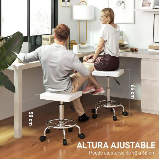 Taburete Giratorio Ajustable Con Asiento Acolchado Reposapiés y Ruedas para Salones y Talleres 34x34x50-66 cm Blanco [3]