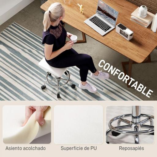 Taburete Giratorio Ajustable Con Asiento Acolchado Reposapiés y Ruedas para Salones y Talleres 34x34x50-66 cm Blanco [6]