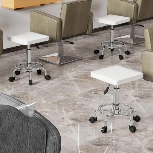 Taburete Giratorio Ajustable Con Asiento Acolchado Reposapiés y Ruedas para Salones y Talleres 34x34x50-66 cm Blanco [4]
