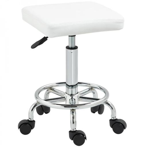 Taburete Giratorio Ajustable Con Asiento Acolchado Reposapiés y Ruedas para Salones y Talleres 34x34x50-66 cm Blanco [9]