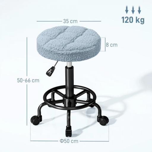 Taburete Giratorio Redondo Taburete con Ruedas Altura Regulable 50-66 cm Asiento Tapizado en Tejido de Borreguito Azul [1]