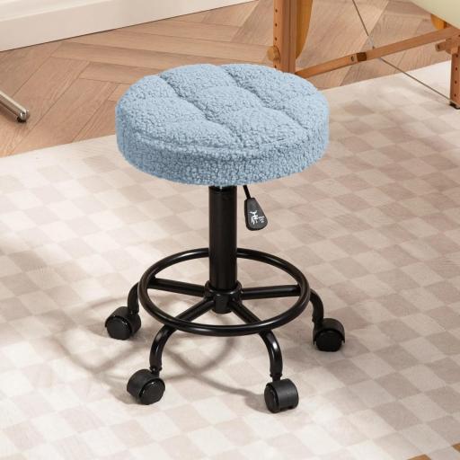 Taburete Giratorio Redondo Taburete con Ruedas Altura Regulable 50-66 cm Asiento Tapizado en Tejido de Borreguito Azul [5]