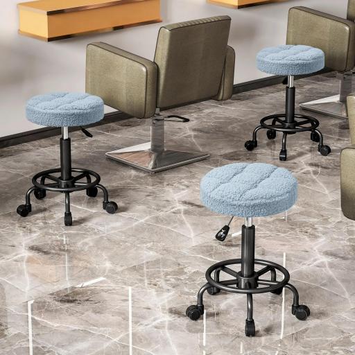 Taburete Giratorio Redondo Taburete con Ruedas Altura Regulable 50-66 cm Asiento Tapizado en Tejido de Borreguito Azul [2]