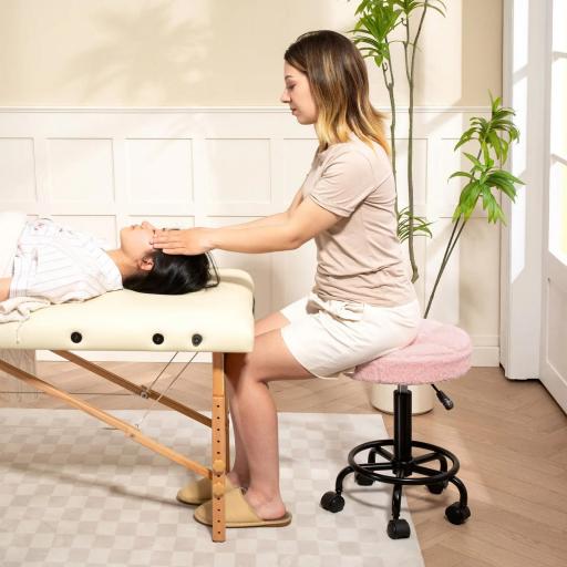 Taburete Giratorio Redondo Taburete con Ruedas Altura Regulable 50-66 cm Asiento Tapizado en Tejido de Borreguito Rosa