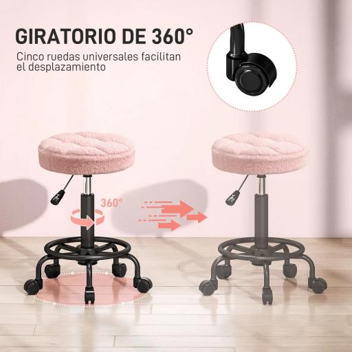Taburete Giratorio Redondo Taburete con Ruedas Altura Regulable 50-66 cm Asiento Tapizado en Tejido de Borreguito Rosa [6]