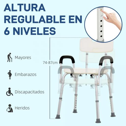 Silla de Ducha para Personas Mayores con Respaldo Altura Regulable Antideslizante y Apoyabrazos Carga 136 kg [2]