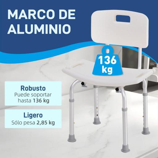 Silla para Ducha con Respaldo Altura Regulable y Antideslizante Carga 136 kg para Ancianos y Discapacitados [3]