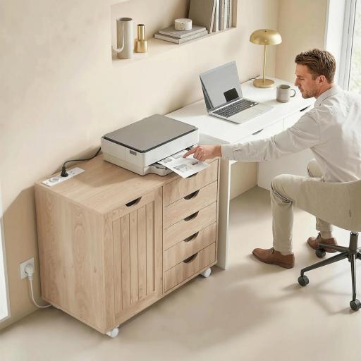 Mueble para Impresora con Estación de Carga y Ruedas 5 Cajones Puertos USB Estante Ajustable Natural [7]