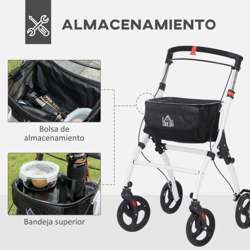 Andador para Personas Mayores Plegable de Aluminio con 4 Ruedas Bandeja Altura Ajustable Frenos de Maneta Blanco [4]
