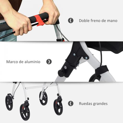 Andador para Personas Mayores Plegable de Aluminio con 4 Ruedas Bandeja Altura Ajustable Frenos de Maneta Blanco [5]