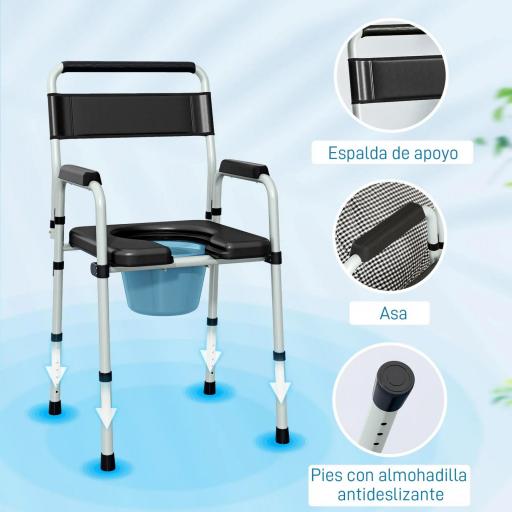 Silla con Inodoro Plegable con Altura Ajustable Cubo y Almohadillas Antideslizantes Carga 150 kg Negro [5]