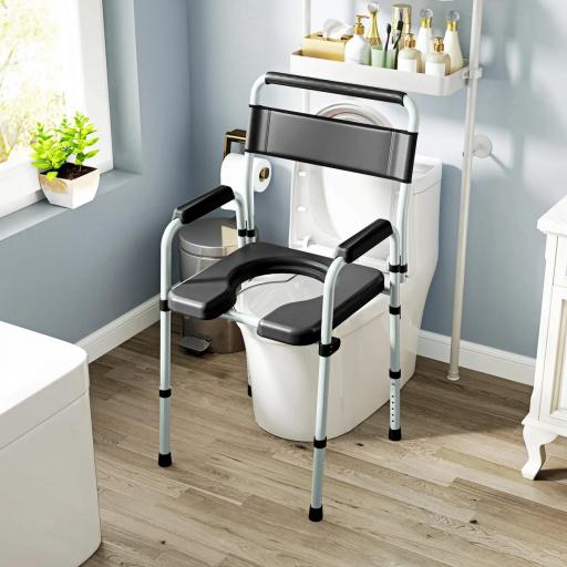 Silla con Inodoro Plegable con Altura Ajustable Cubo y Almohadillas Antideslizantes Carga 150 kg Negro [8]