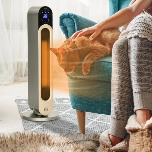 Calefactor Cerámico de Torre 1100/2200W con Mando Pantalla LED Temporizador y Oscilación Ø25x73,5 cm Plata