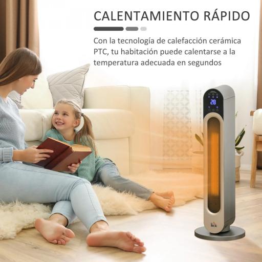 Calefactor Cerámico de Torre 1100/2200W con Mando Pantalla LED Temporizador y Oscilación Ø25x73,5 cm Plata [3]