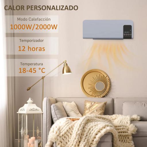 Calefactor Eléctrico de Pared 1000W/2000W Estufa con Pantalla LED y Mando a Distancia 54,5x12x21,5 cm Gris [1]
