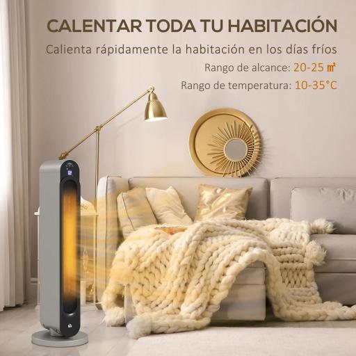Calefactor Cerámico de Torre 1100/2200W Mando Pantalla LED Temporizador y Oscilación Ø25x73,5 cm Plata y Negro [4]