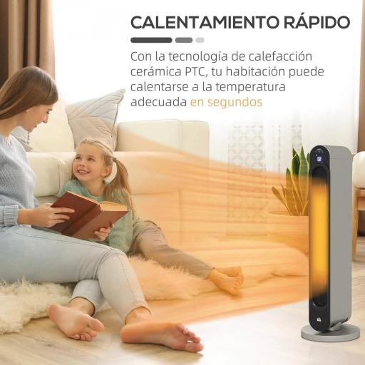 Calefactor Cerámico de Torre 1100/2200W Mando Pantalla LED Temporizador y Oscilación Ø25x73,5 cm Plata y Negro [7]