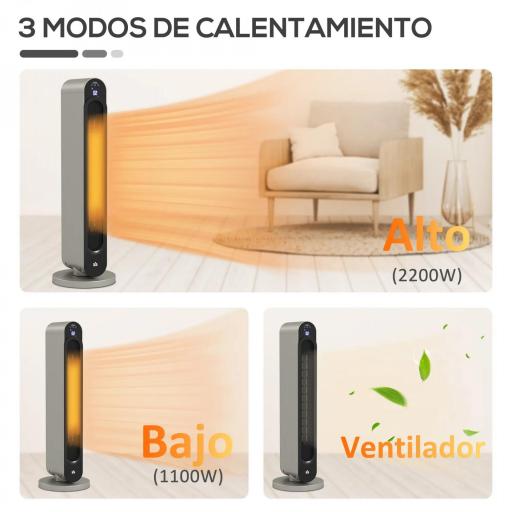 Calefactor Cerámico de Torre 1100/2200W Mando Pantalla LED Temporizador y Oscilación Ø25x73,5 cm Plata y Negro [2]