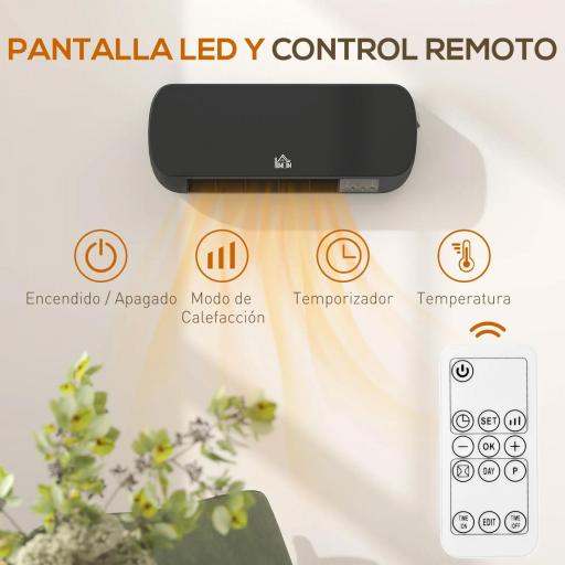 Calefactor Eléctrico de Pared 1000W/2000W Estufa con Pantalla LED y Mando a Distancia 45x18,6x11,5 cm Negro [2]