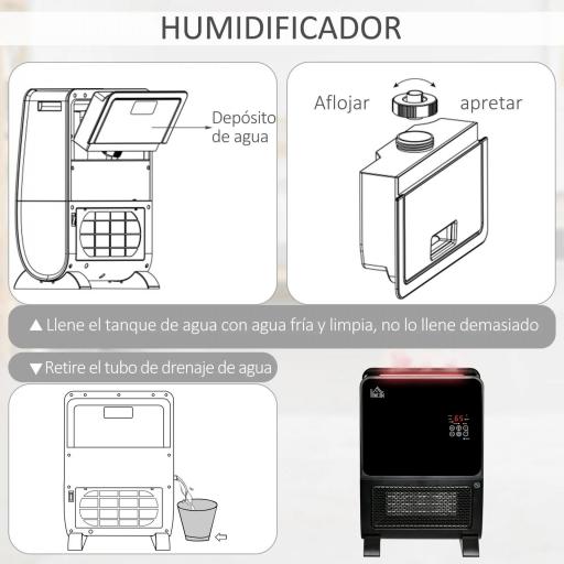 Calefactor Eléctrico Portátil 2000W 2 en 1 Radiador Cerámico con Humidificador Función de Desinfección Mando a Distancia Termostato Temporizador Luces LED para Sala de 30 m² 33x21x49,5 cm Negro [3]