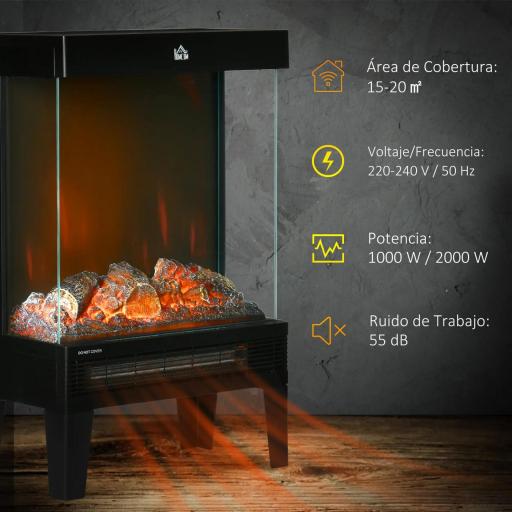 Chimenea Eléctrica 1000W/2000W Calentador de Chimenea con Llama LED Ajustable hasta 15-20 m² 40,5x20x62 cm Negro [4]
