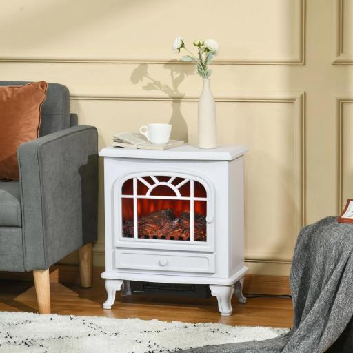 Chimenea Eléctrica Portátil 1000/2000W con Llama LED Brillo Regulable Termostato Ajustable y Protección Sobrecalentamiento para Salas de 25 m² 51x28x60 cm Blanco