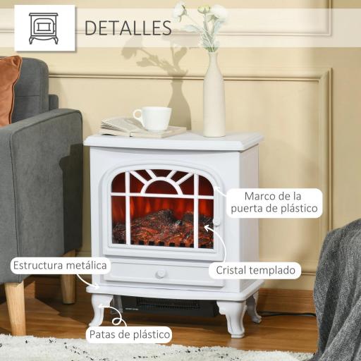 Chimenea Eléctrica Portátil 1000/2000W con Llama LED Brillo Regulable Termostato Ajustable y Protección Sobrecalentamiento para Salas de 25 m² 51x28x60 cm Blanco [5]